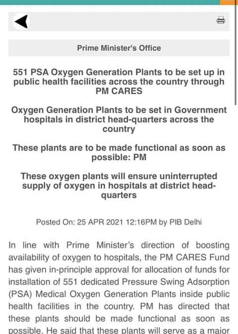 I Thank PM Shri Narendra Modi Ji For Allocating Funds To Install 551 PSA Oxygen Generation Plants: Says Dharmapuri Arvind