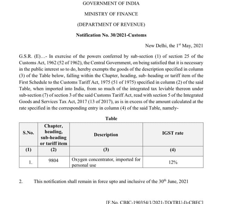 Government Reduces GST On Import Of Oxygen Concentrators For Personal Use