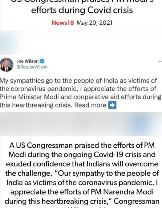 US Congressman Praises PM Modi’s Efforts During Covid Crisis