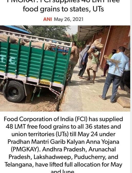 PMGKAY: FCI Supplies 48 LMT Free Food Grains To States, UTs