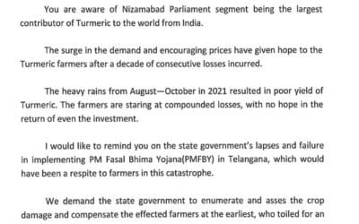 MP Arvind Demands CM KCR For Compensation To Turmeric Farmers In Telangana