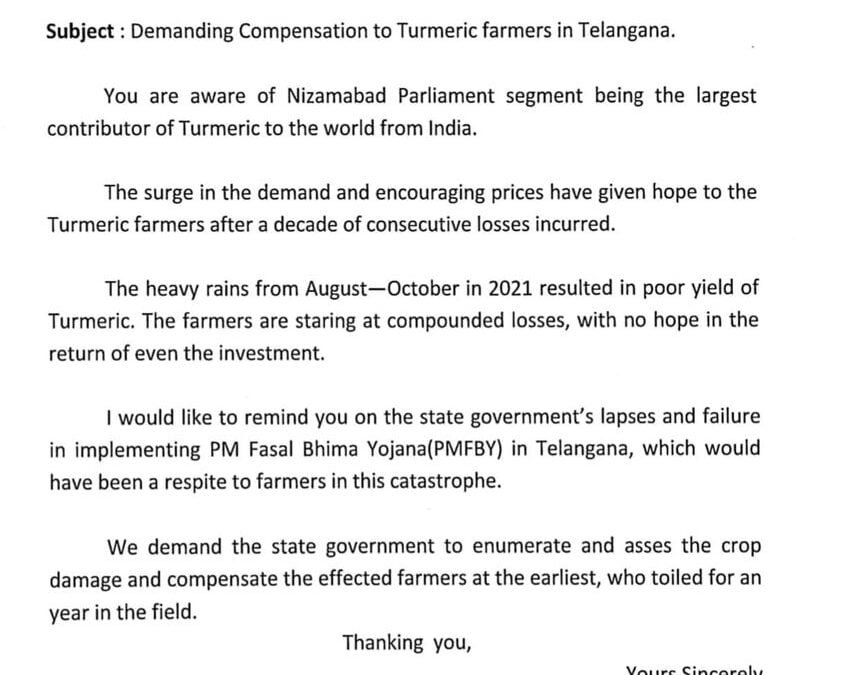 MP Arvind Demands CM KCR For Compensation To Turmeric Farmers In Telangana